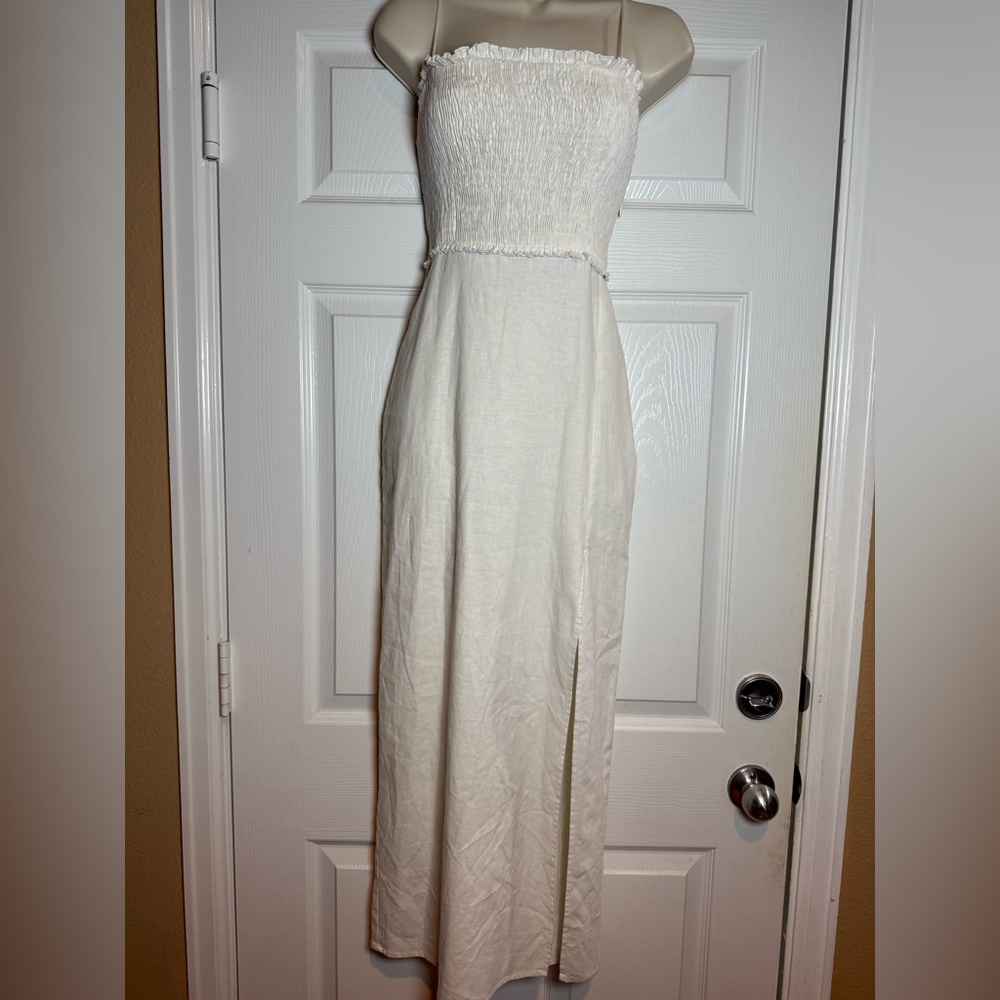 Zara White Linen Blend Smocked Midi Dress Size Small